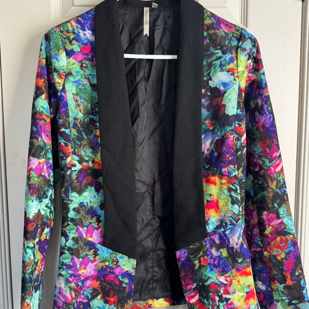 Kaleidescope Watercolor Multi-Color Blazer with black lapel XS